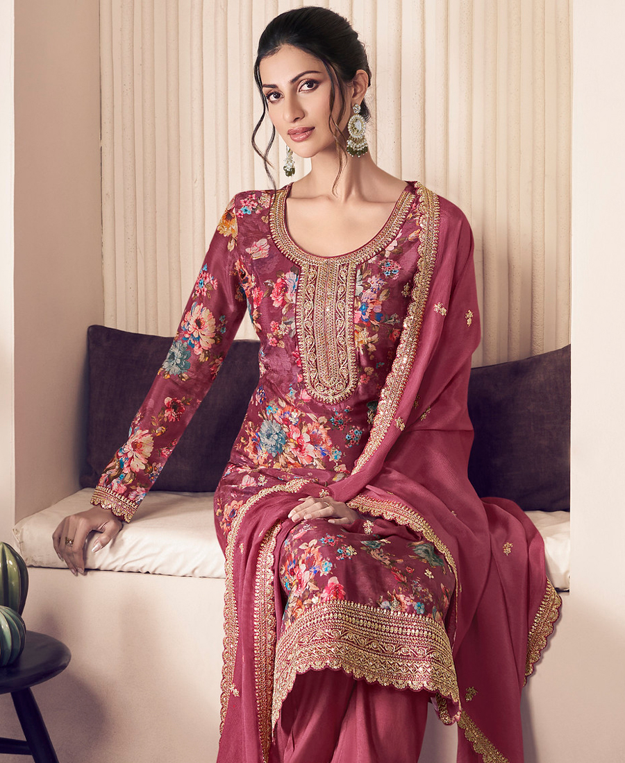 Floral Printed Red Long Suit For Women Chinon Fabric