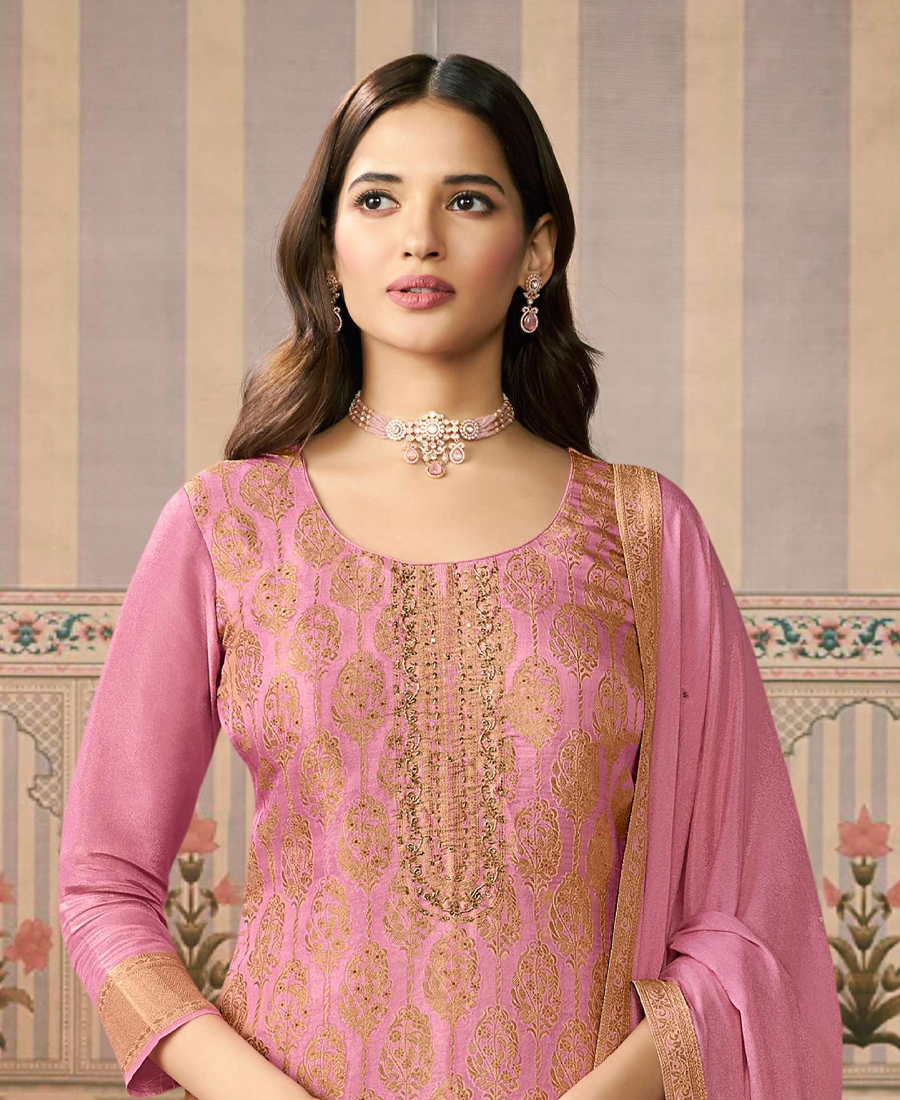 Pink Banarasi Silk Straight Suit For Women Ethnic Wear - Image 2