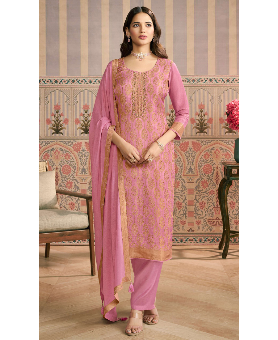 Pink Banarasi Silk Straight Suit For Women Ethnic Wear