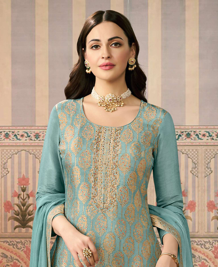Sky Blue Banarasi Silk Straight Suit For Women Ethnic Wear - Image 2