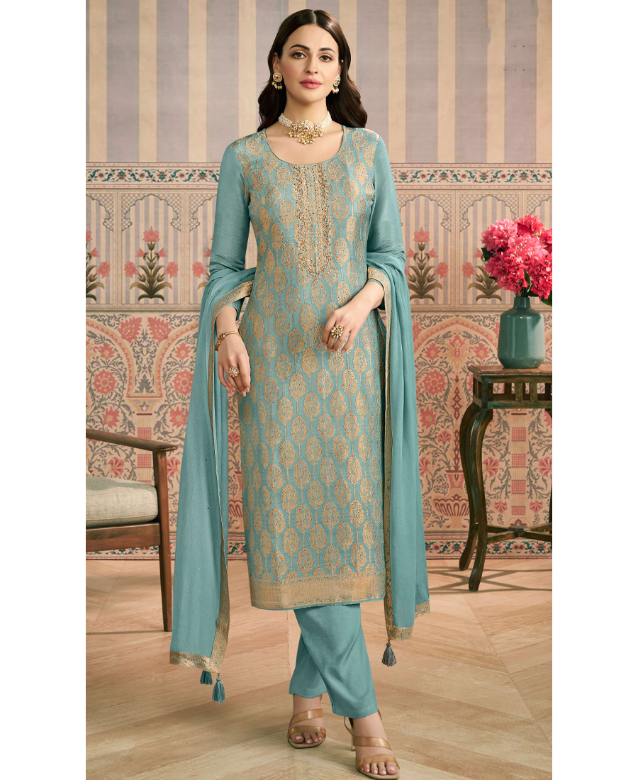 Sky Blue Banarasi Silk Straight Suit For Women Ethnic Wear
