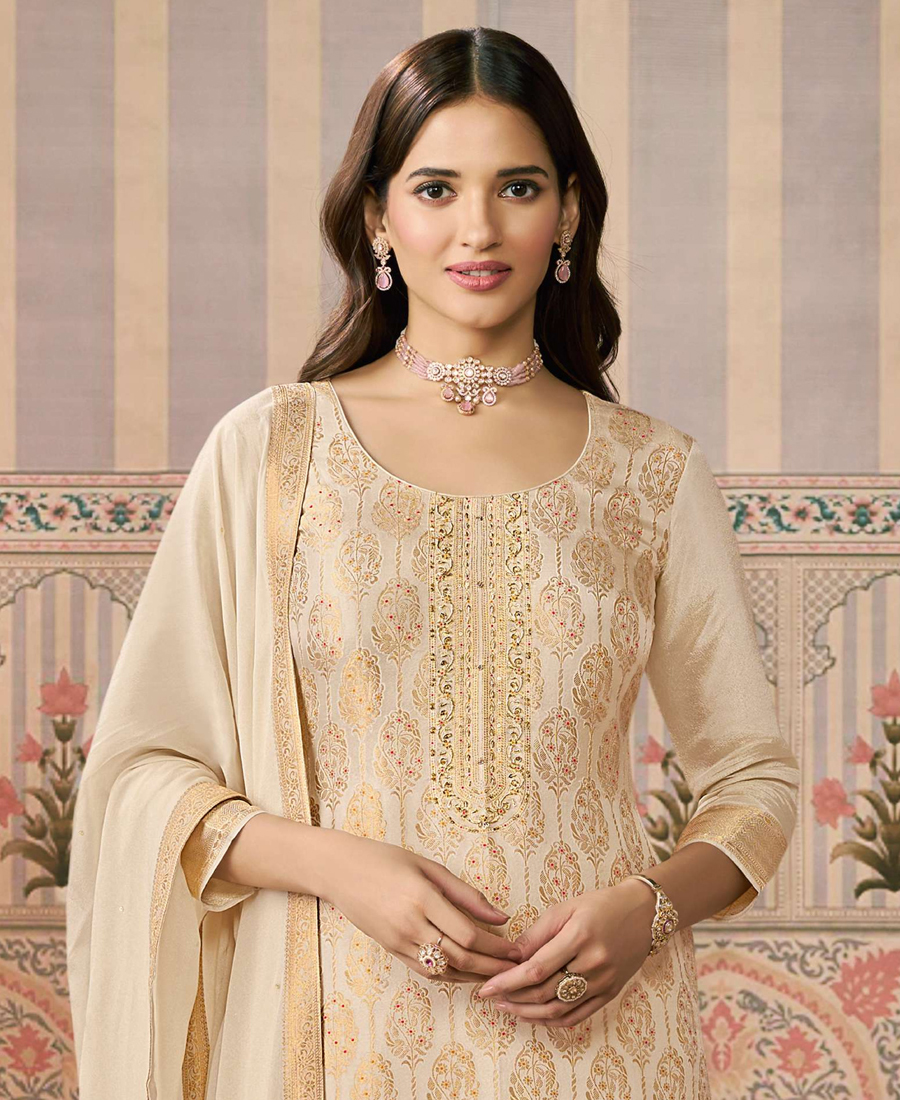White Banarasi Silk Straight Suit For Women Ethnic Wear - Image 2