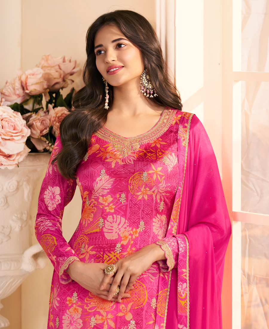 Designer Pink Printed Straight Suit For Women