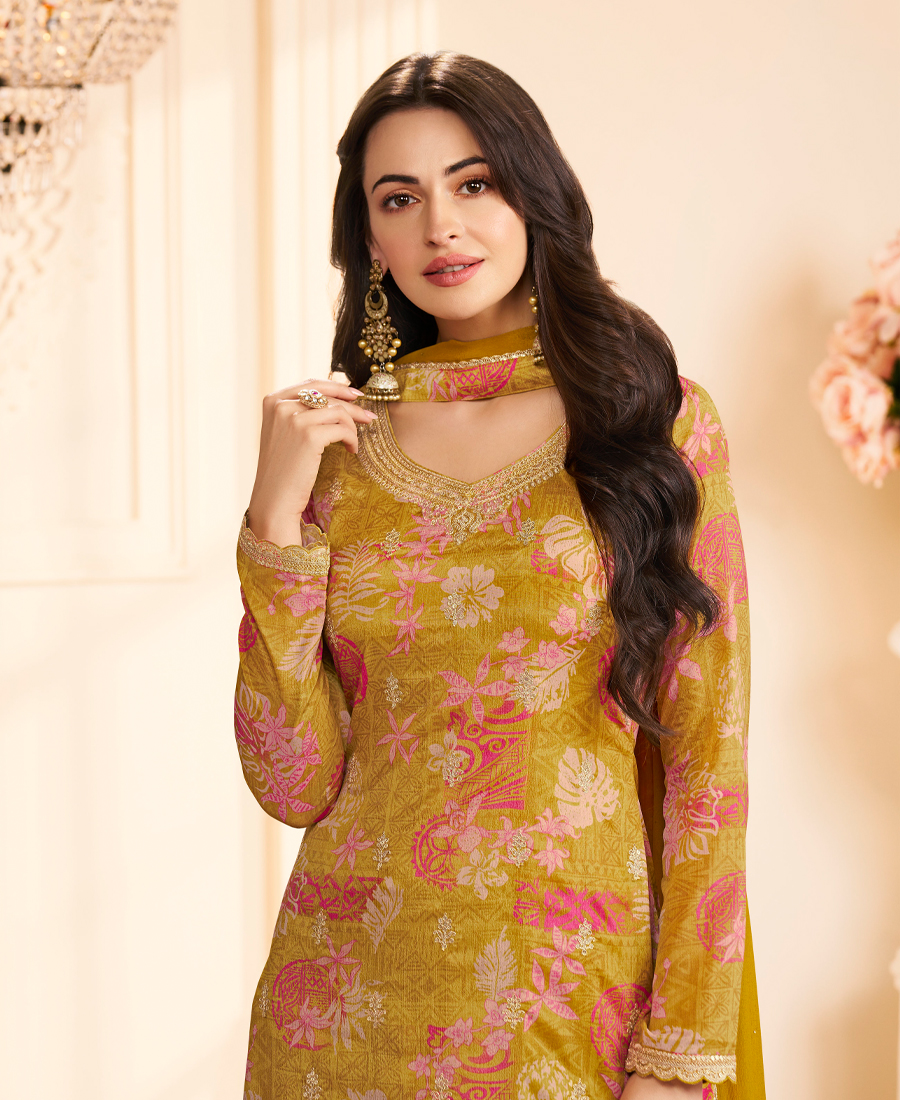 Designer Yellow Printed Straight Suit For Women