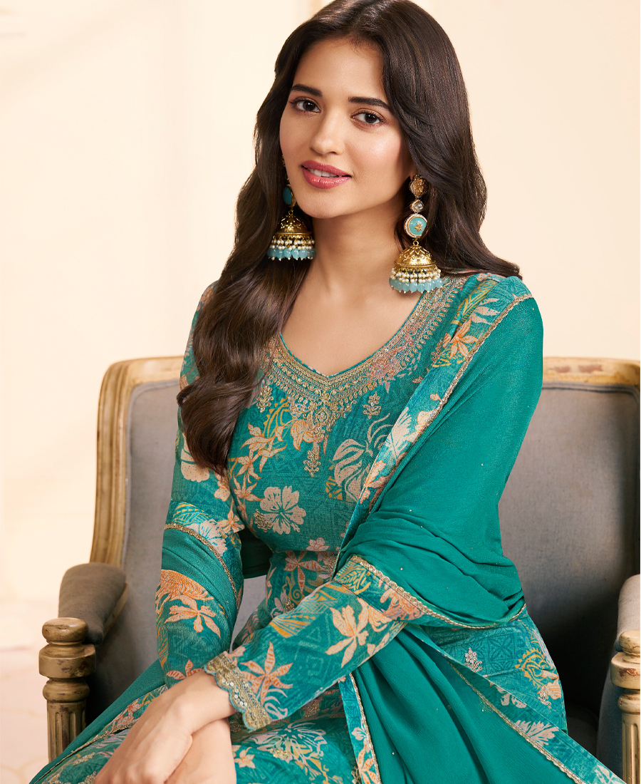 Designer Green Printed Straight Suit For Women