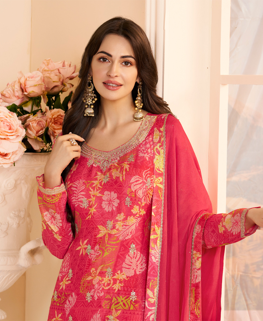 Designer Red Printed Straight Suit For Women