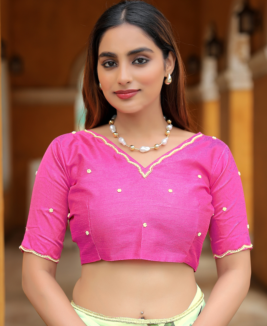 New Tabby Silk Sky Blue Hand Work Saree With Contrast Blouse