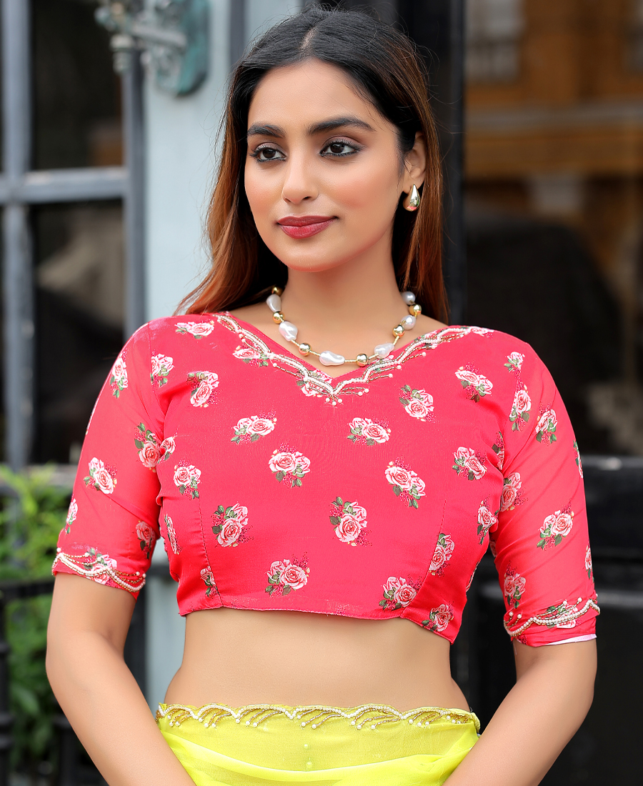 New Tabby Silk Yellow Hand Work Saree With Contrast Blouse