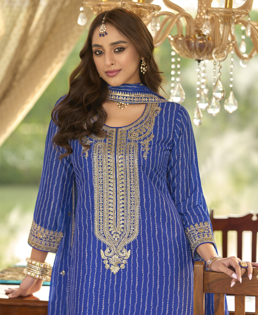 New Stylish Blue Chinon Sharara Suit For Women Wedding Wear
