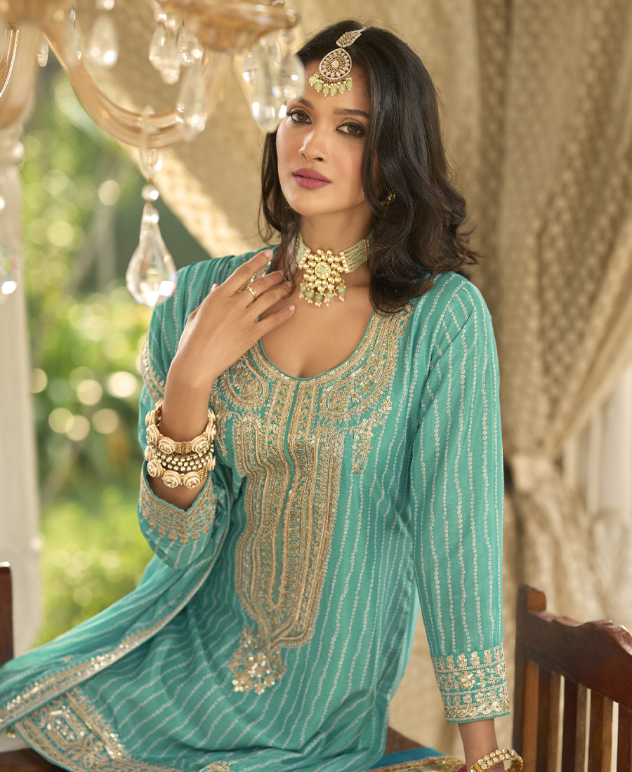 New Stylish Aqua Blue Chinon Sharara Suit For Women Wedding Wear
