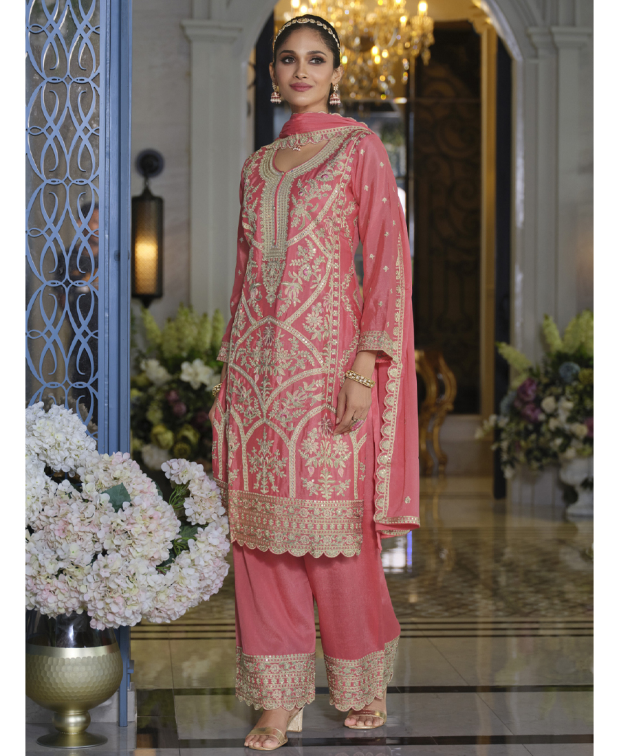 Pakistani Style Chinon Based Long Straight Suit For Women Festival Wear Pink
