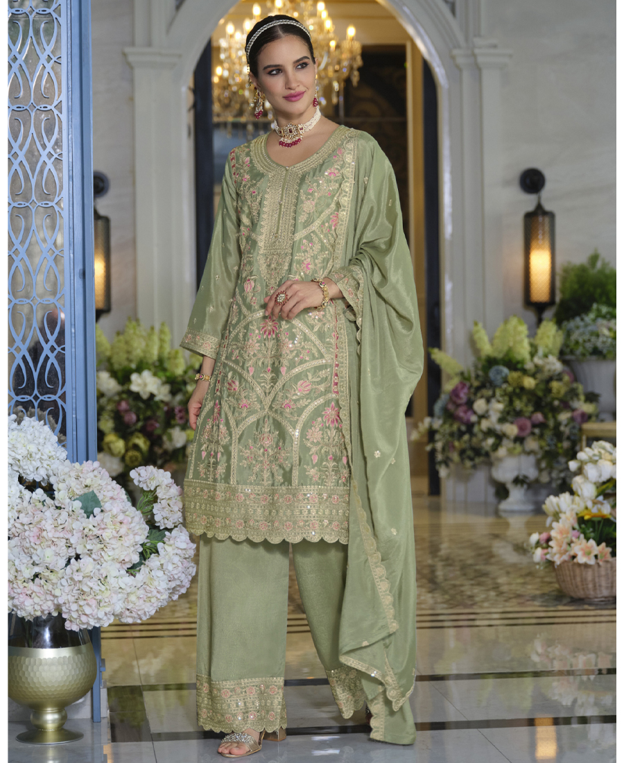 Pakistani Style Chinon Based Long Straight Suit For Women Festival Wear Pista Green