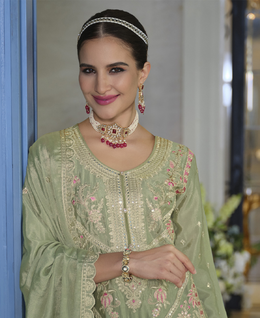 Pakistani Style Chinon Based Long Straight Suit For Women Festival Wear Pista Green - Image 3