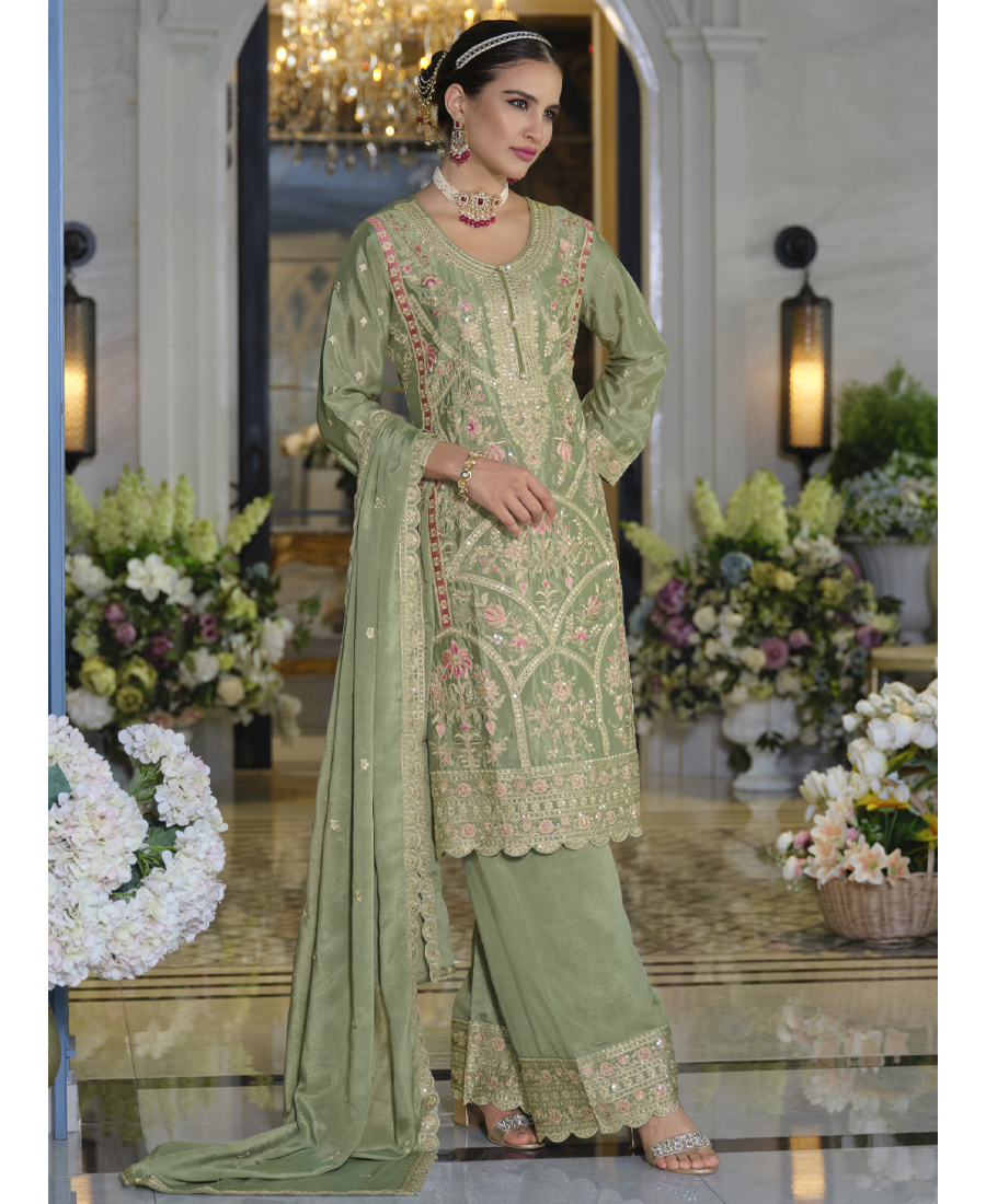 Pakistani Style Chinon Based Long Straight Suit For Women Festival Wear Pista Green - Image 2