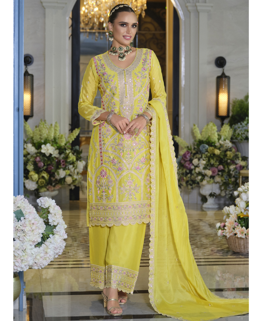 Pakistani Style Chinon Based Long Straight Suit For Women Festival Wear Yellow - Image 2