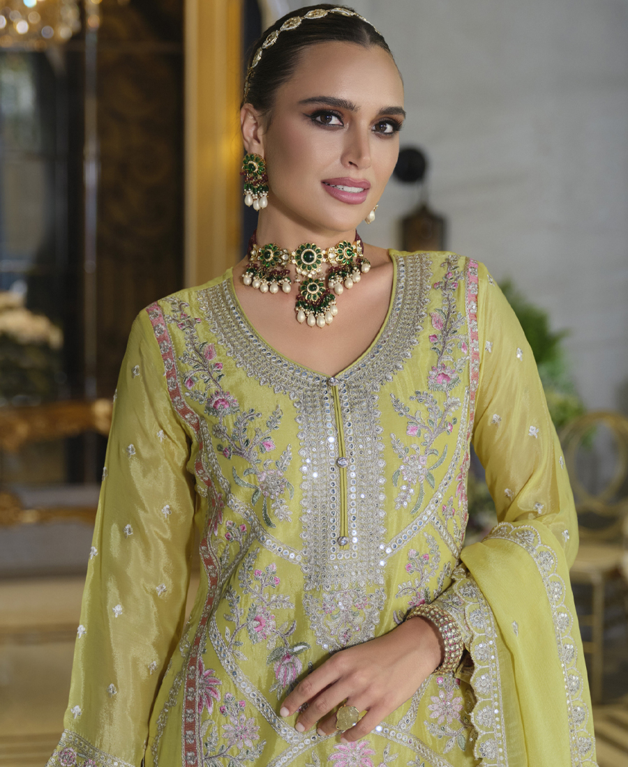 Pakistani Style Chinon Based Long Straight Suit For Women Festival Wear Yellow - Image 3