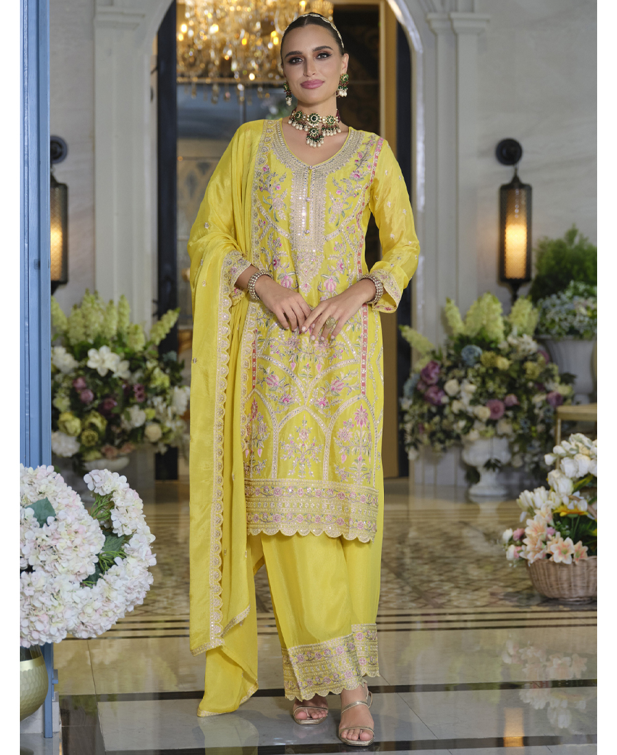 Pakistani Style Chinon Based Long Straight Suit For Women Festival Wear Yellow