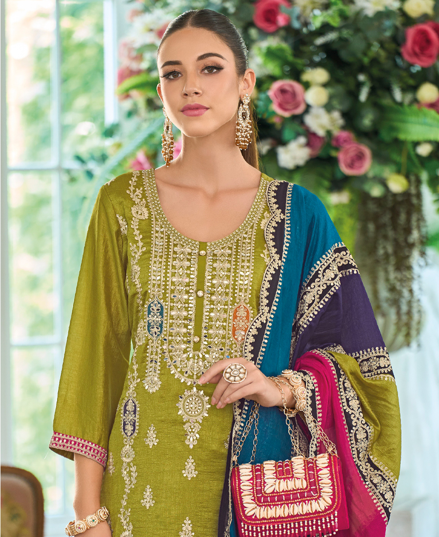 New Pakistani Straight Suit For Women Chinon Fabric Mustard