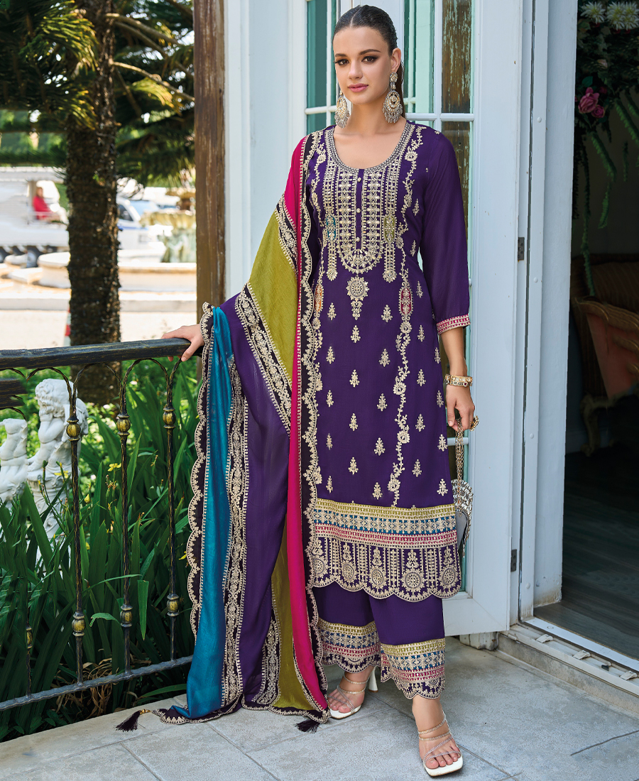 New Pakistani Straight Suit For Women Chinon Fabric Purple - Image 2