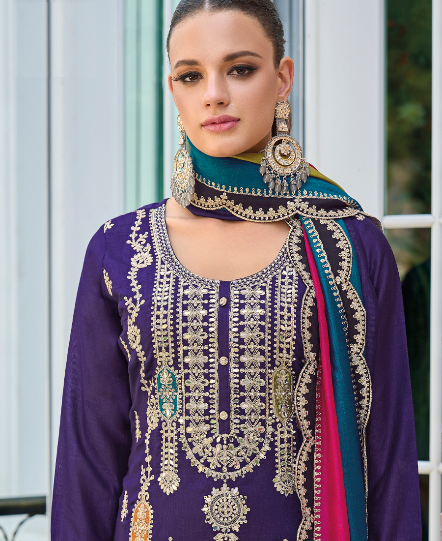 New Pakistani Straight Suit For Women Chinon Fabric Purple