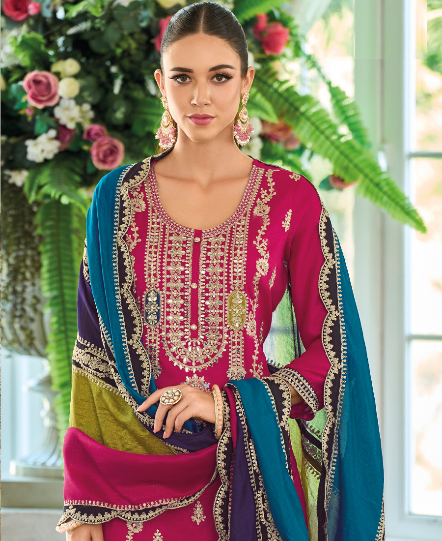 New Pakistani Straight Suit For Women Chinon Fabric Pink