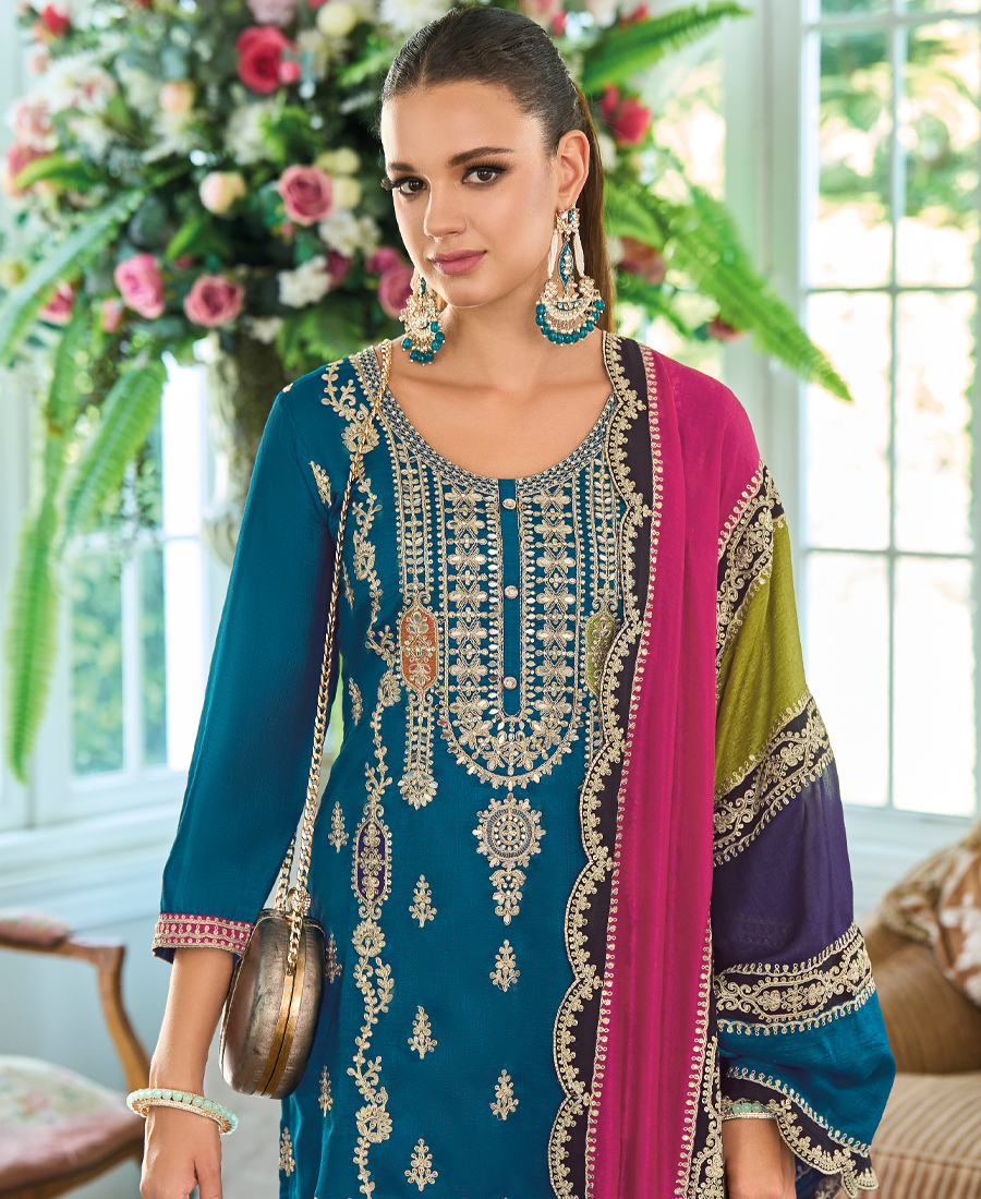 New Pakistani Straight Suit For Women Chinon Fabric Blue