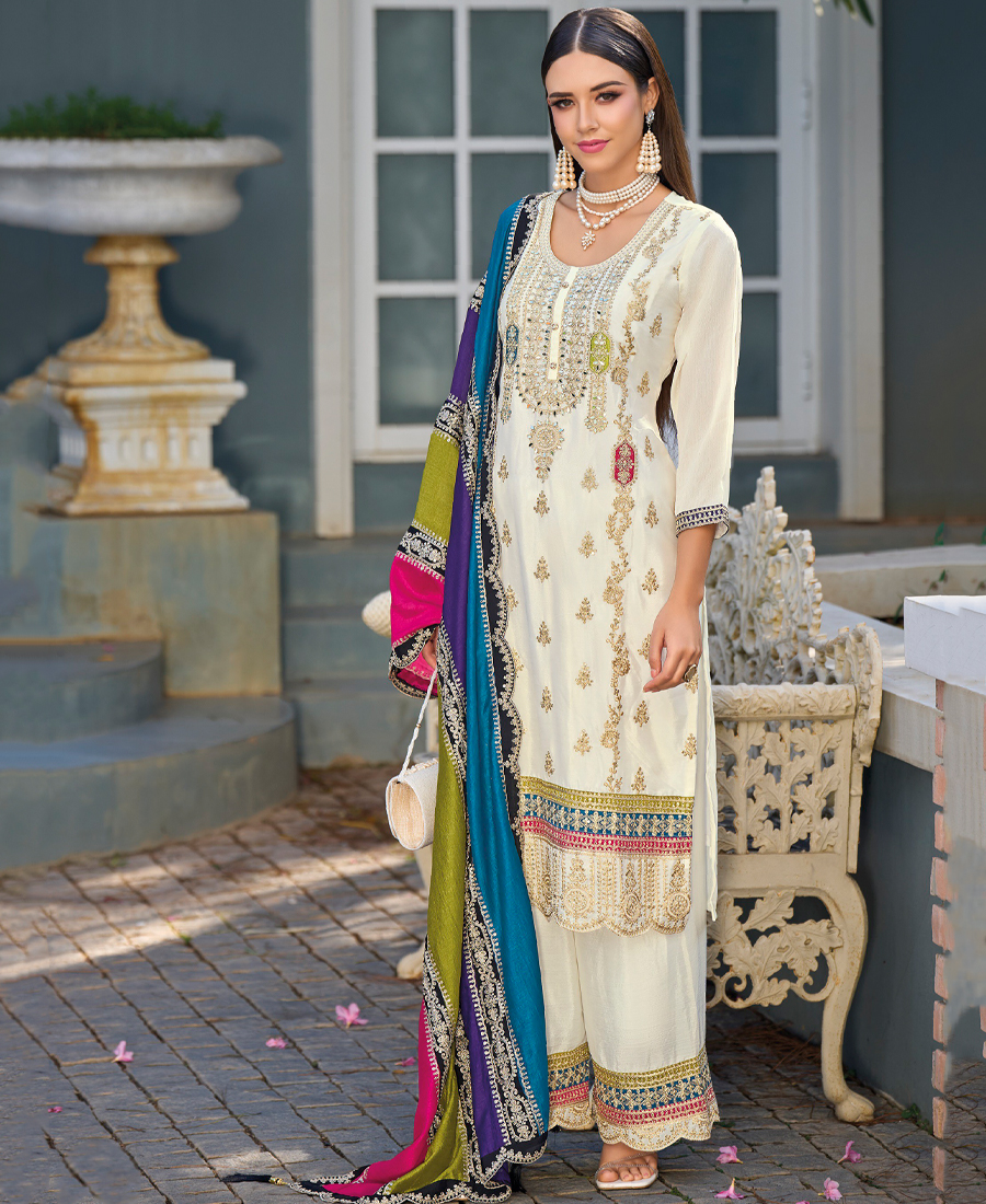 New Pakistani Straight Suit For Women Chinon Fabric White - Image 4