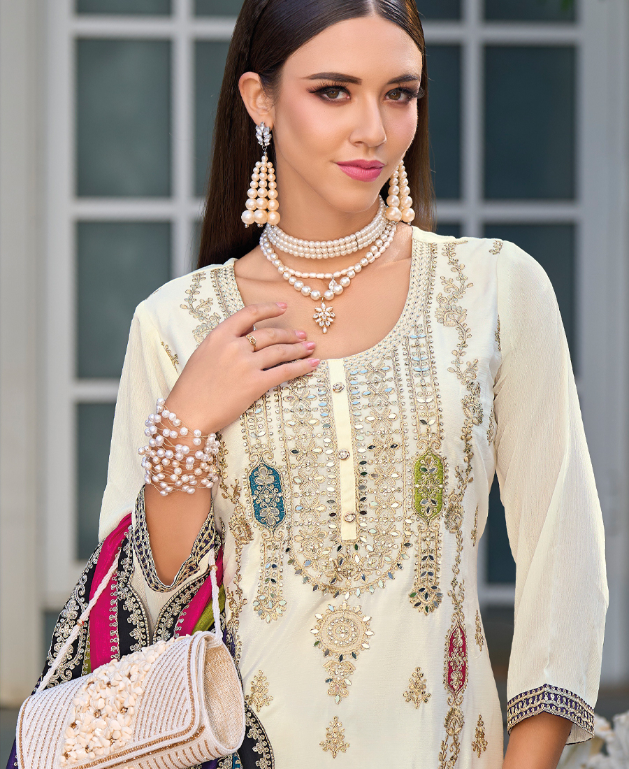 New Pakistani Straight Suit For Women Chinon Fabric White - Image 3