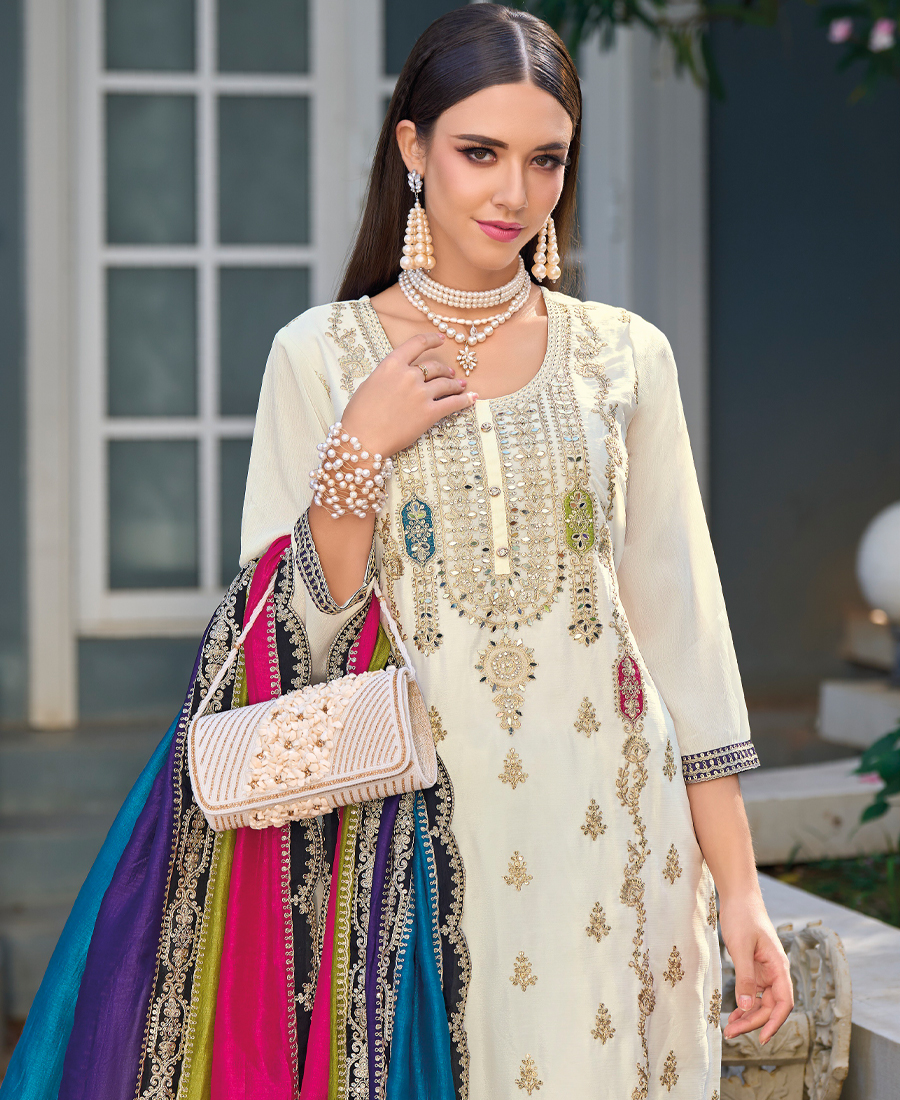 New Pakistani Straight Suit For Women Chinon Fabric White