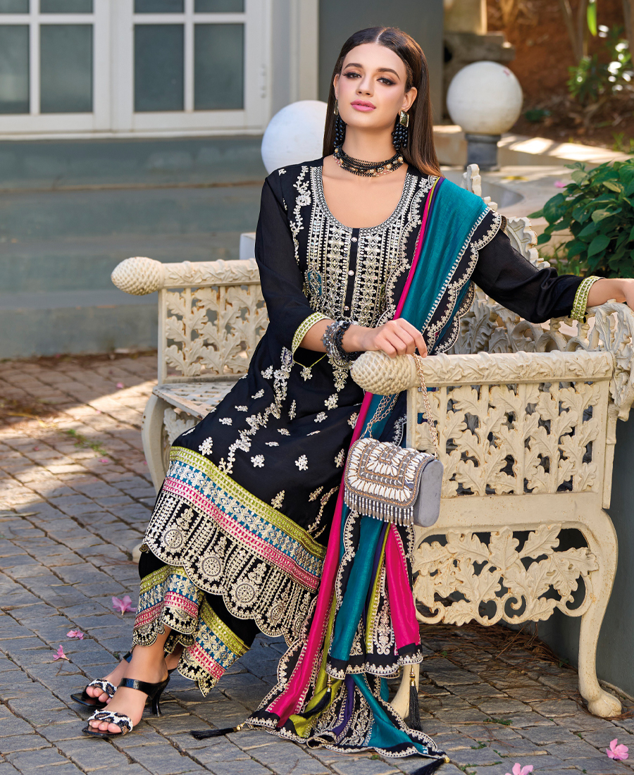 New Pakistani Straight Suit For Women Chinon Fabric Black - Image 3