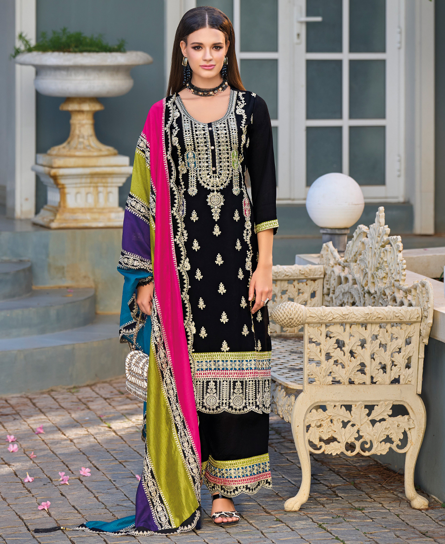 New Pakistani Straight Suit For Women Chinon Fabric Black - Image 2