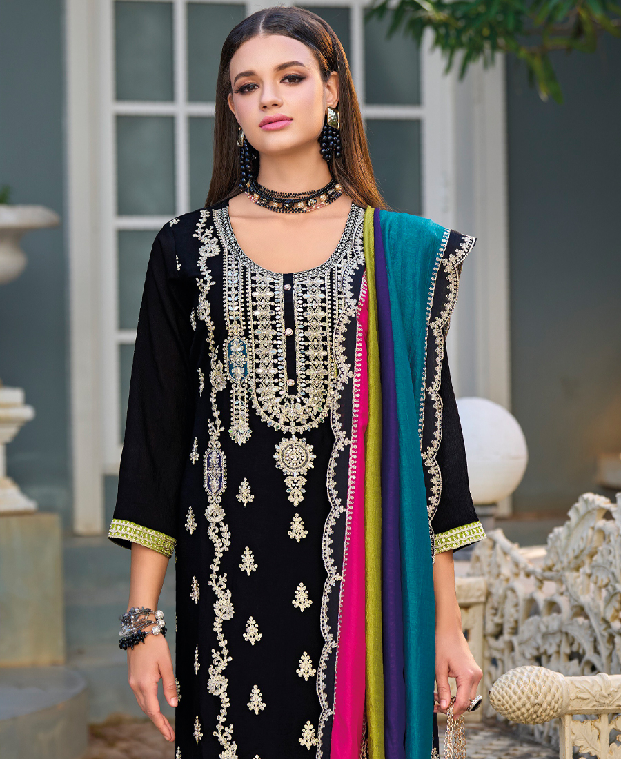 New Pakistani Straight Suit For Women Chinon Fabric Black
