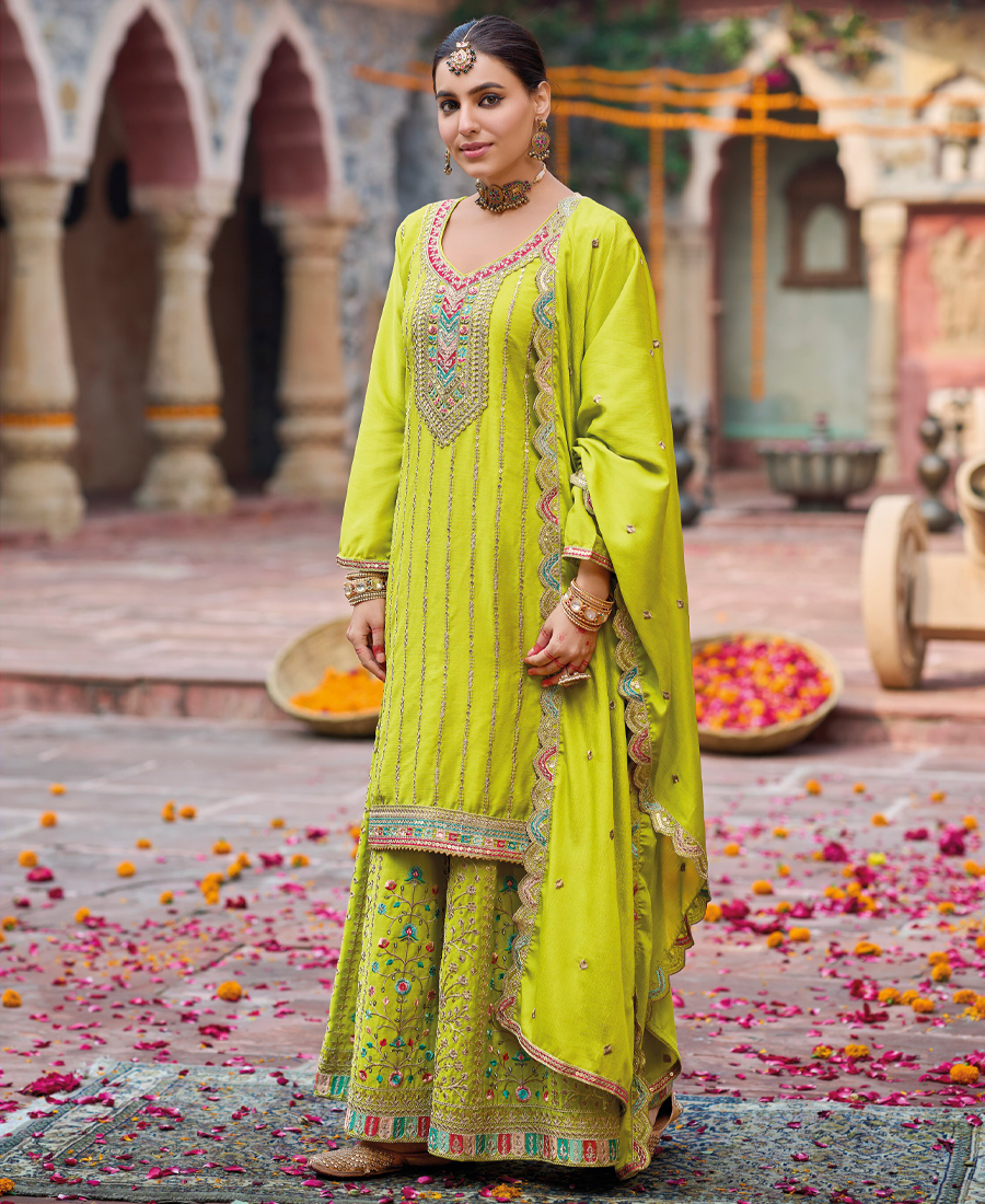 Palazzo Suit For Women Chinon Embroidered Parrot Green - Image 2