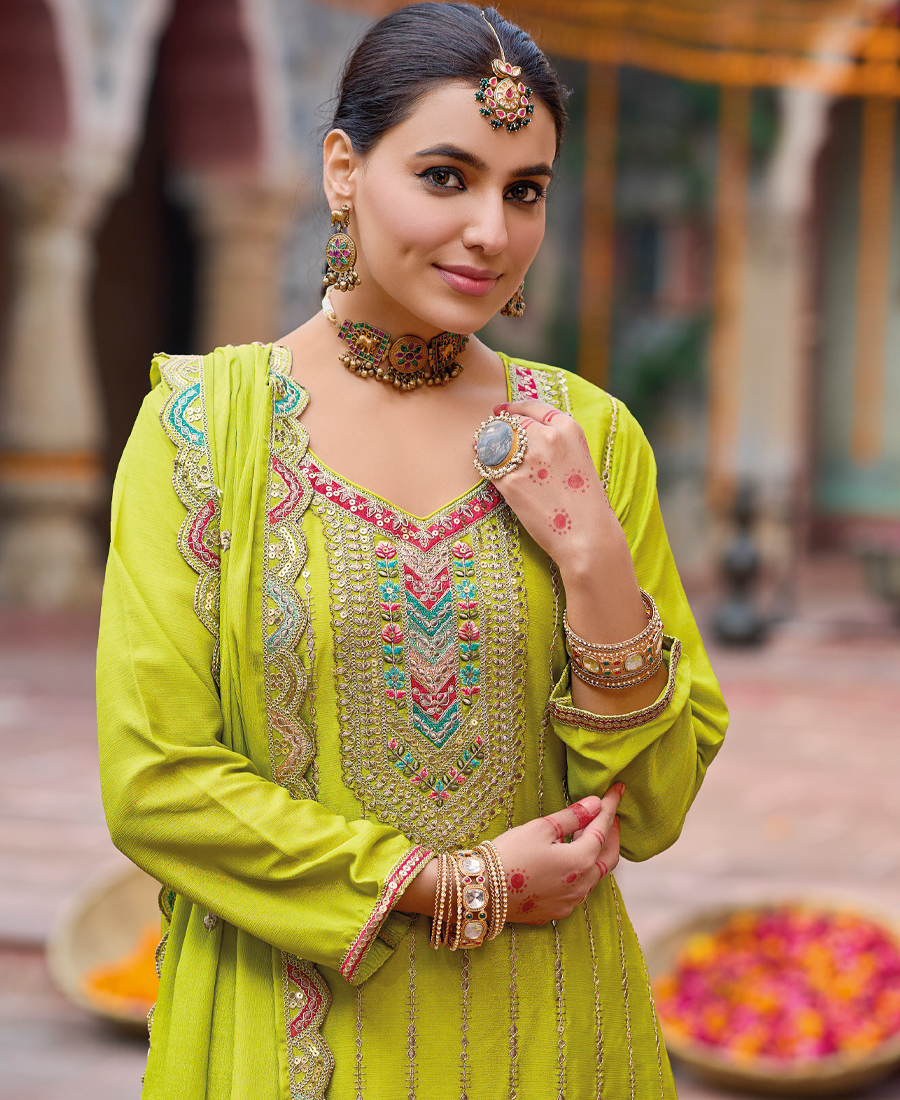 Palazzo Suit For Women Chinon Embroidered Parrot Green