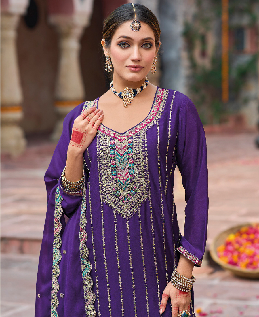 Palazzo Suit For Women Chinon Embroidered Purple - Image 2