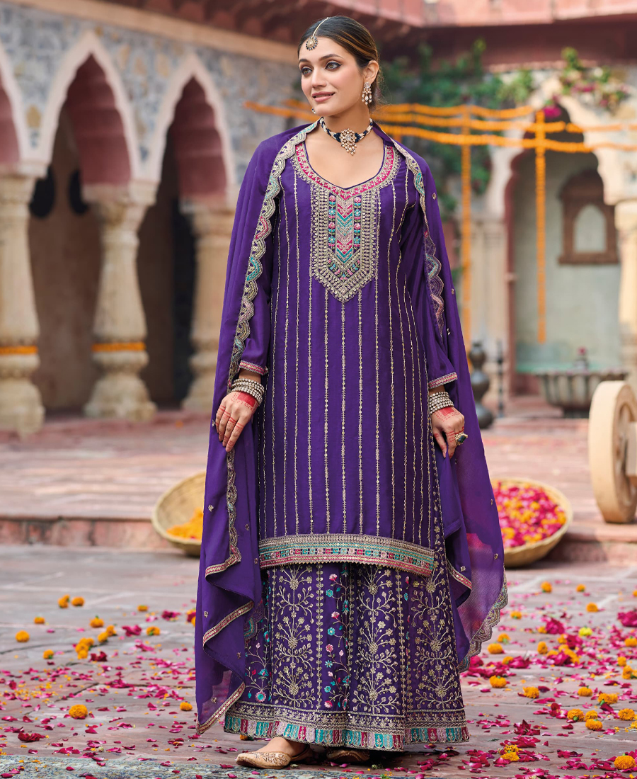 Palazzo Suit For Women Chinon Embroidered Purple