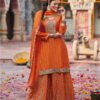 Palazzo Suit For Women Chinon Embroidered Orange