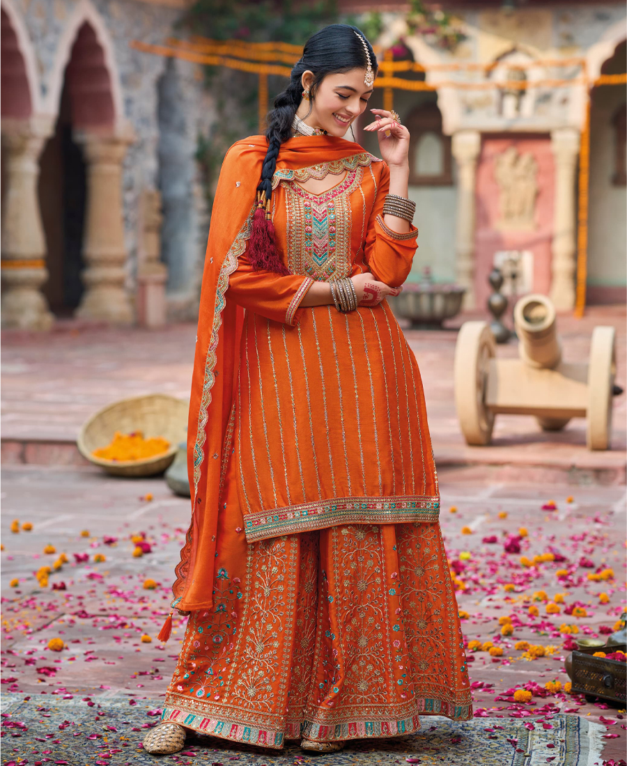 Palazzo Suit For Women Chinon Embroidered Orange