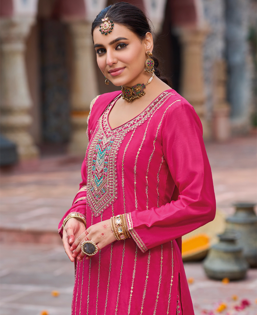 Palazzo Suit For Women Chinon Embroidered Pink - Image 2
