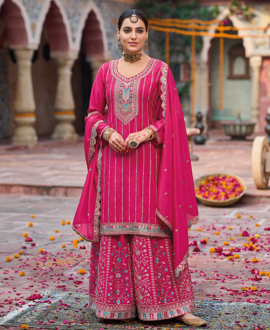 Palazzo Suit For Women Chinon Embroidered Pink