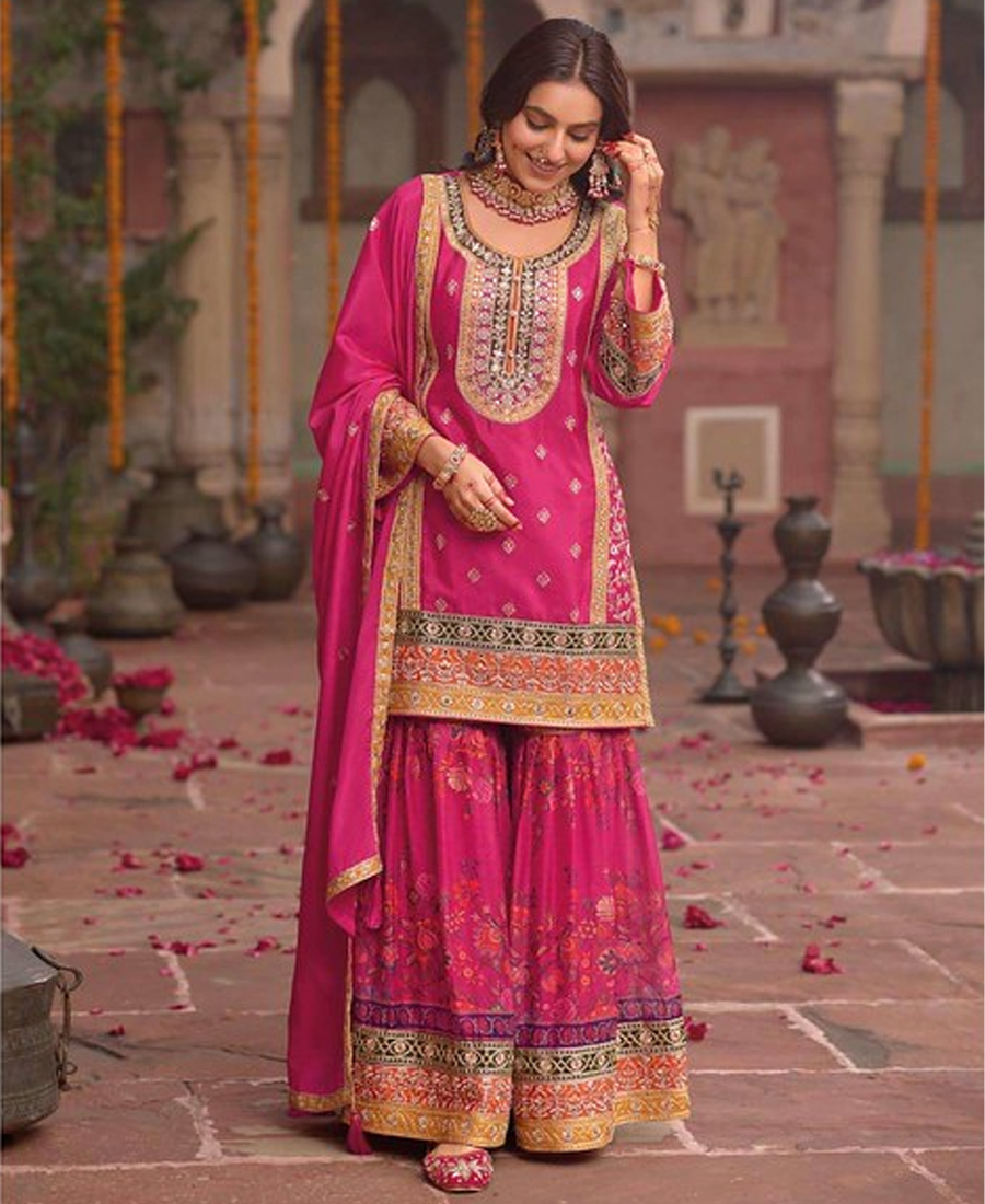 Stylish Pink Floral Printed Heavy Wedding Wear Gharara Suit For Women - Image 2