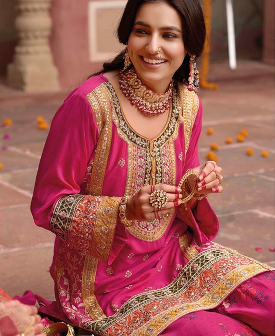 Stylish Pink Floral Printed Heavy Wedding Wear Gharara Suit For Women