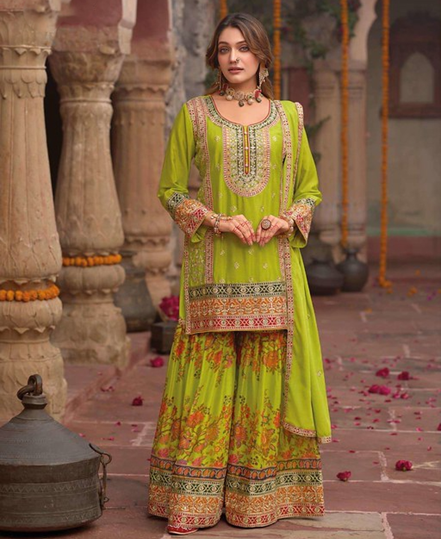 Stylish Parrot Green Floral Printed Heavy Wedding Wear Gharara Suit For Women - Image 2
