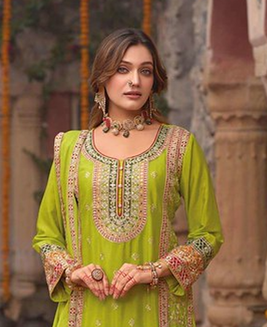 Stylish Parrot Green Floral Printed Heavy Wedding Wear Gharara Suit For Women - Image 3