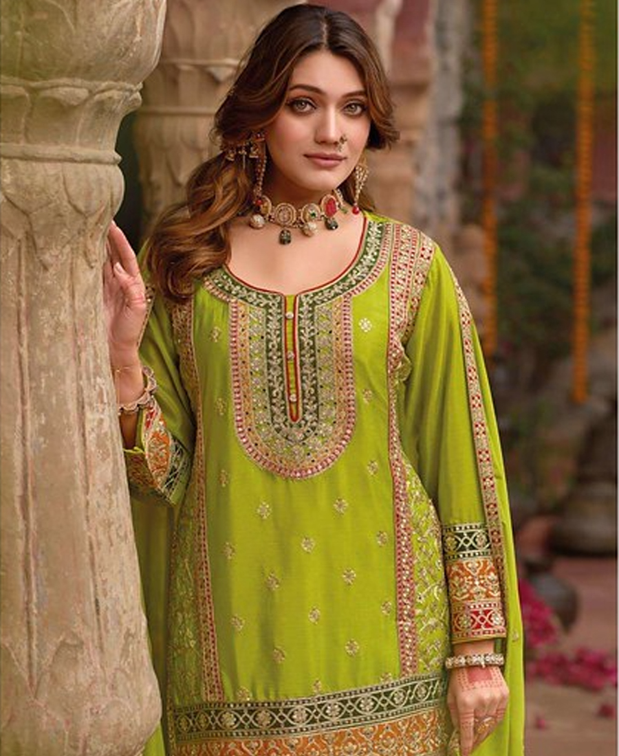 Stylish Parrot Green Floral Printed Heavy Wedding Wear Gharara Suit For Women