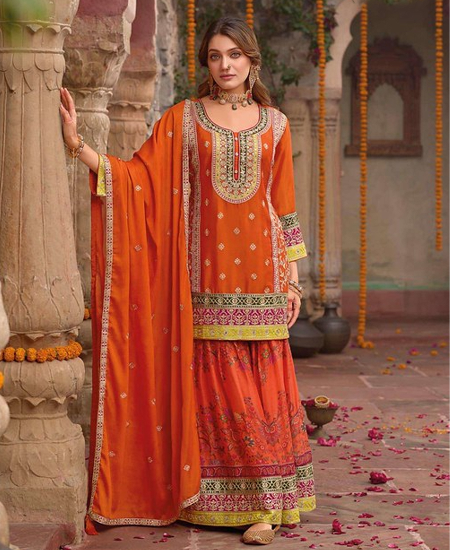 Stylish Orange Floral Printed Heavy Wedding Wear Gharara Suit For Women - Image 4