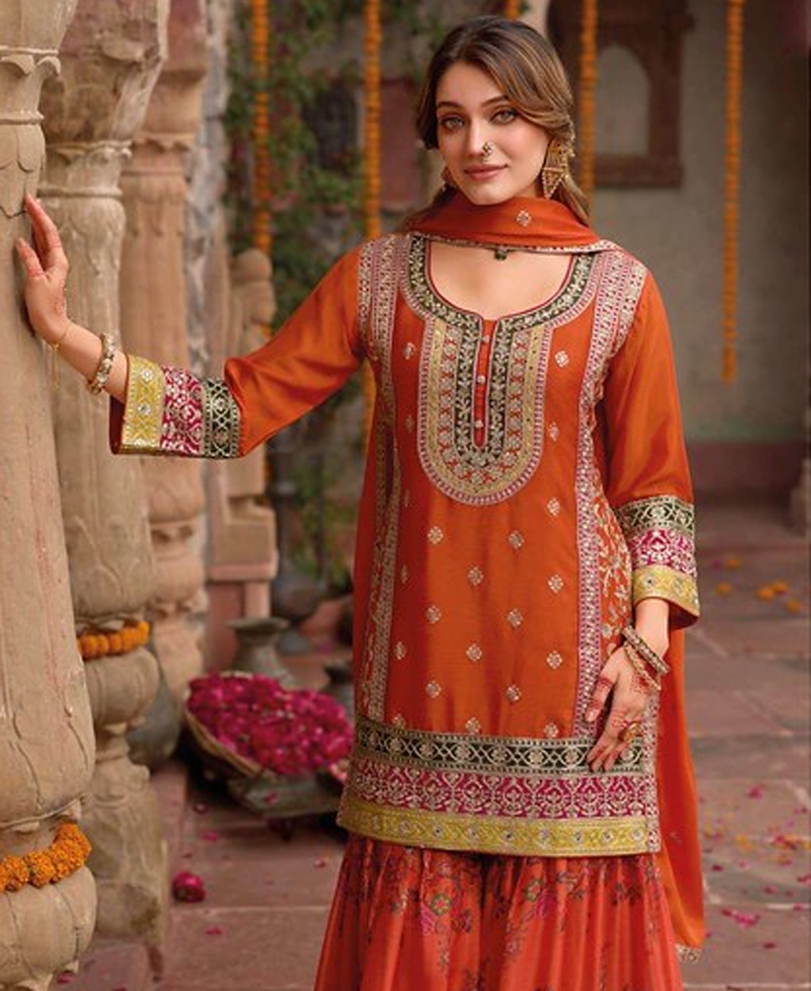 Stylish Orange Floral Printed Heavy Wedding Wear Gharara Suit For Women - Image 3