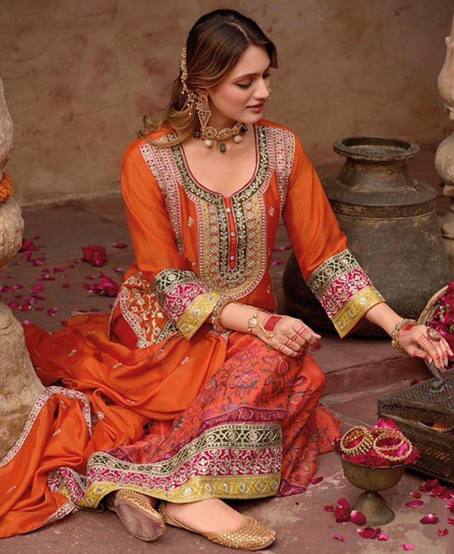 Stylish Orange Floral Printed Heavy Wedding Wear Gharara Suit For Women - Image 2