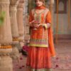 Stylish Orange Floral Printed Heavy Wedding Wear Gharara Suit For Women