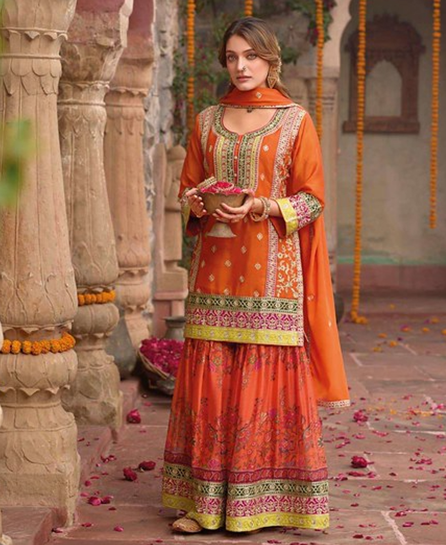 Stylish Orange Floral Printed Heavy Wedding Wear Gharara Suit For Women